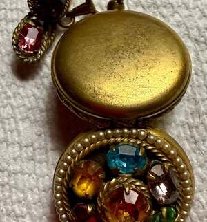 Vintage Coro Pocket Watch Style Locket Brooch with Multi-Color Rhinestones and F
